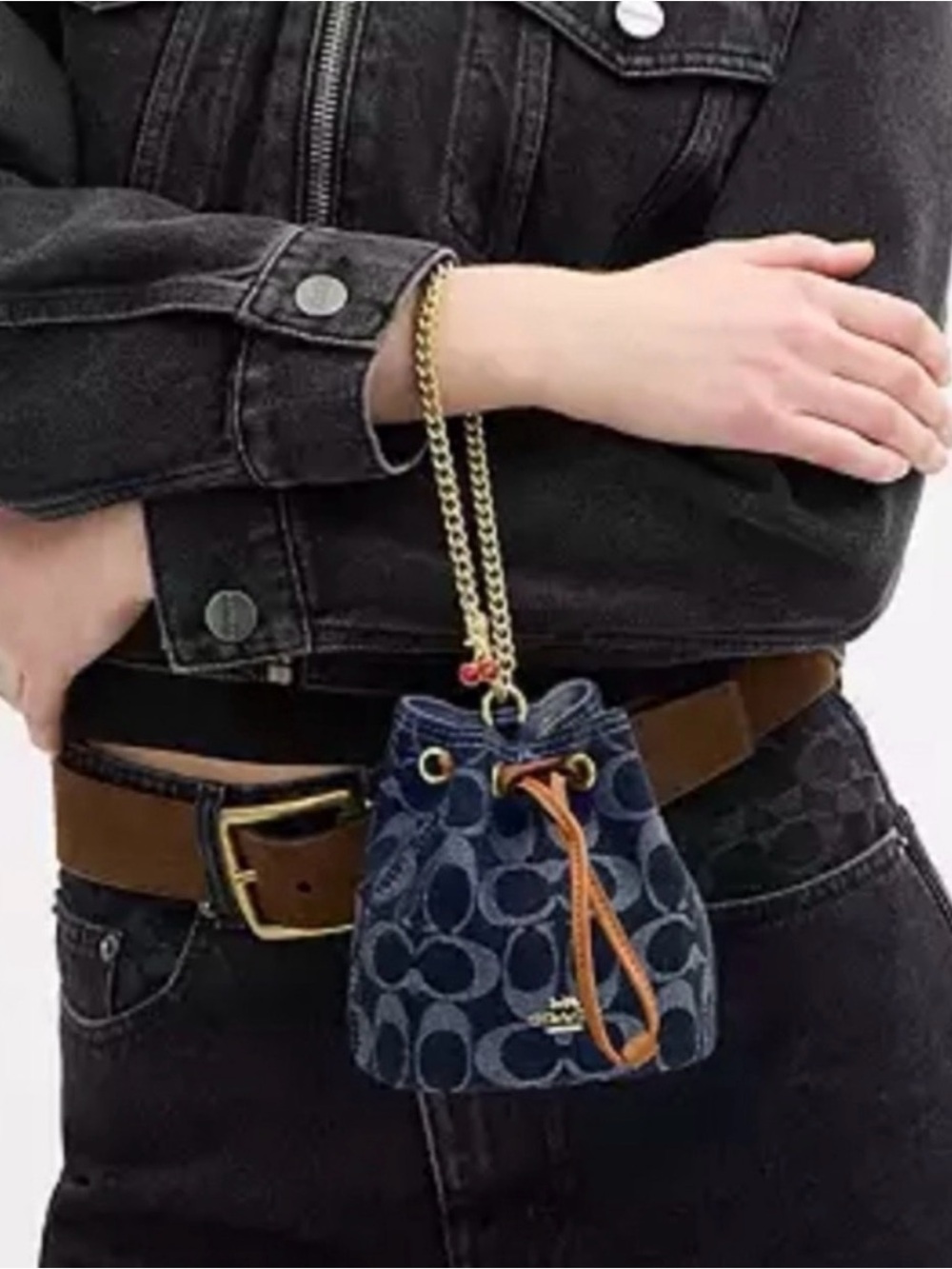 Coach Mini Bucket Bag in Navy Denim with Tan Leather Trim - Picture 10 of 12